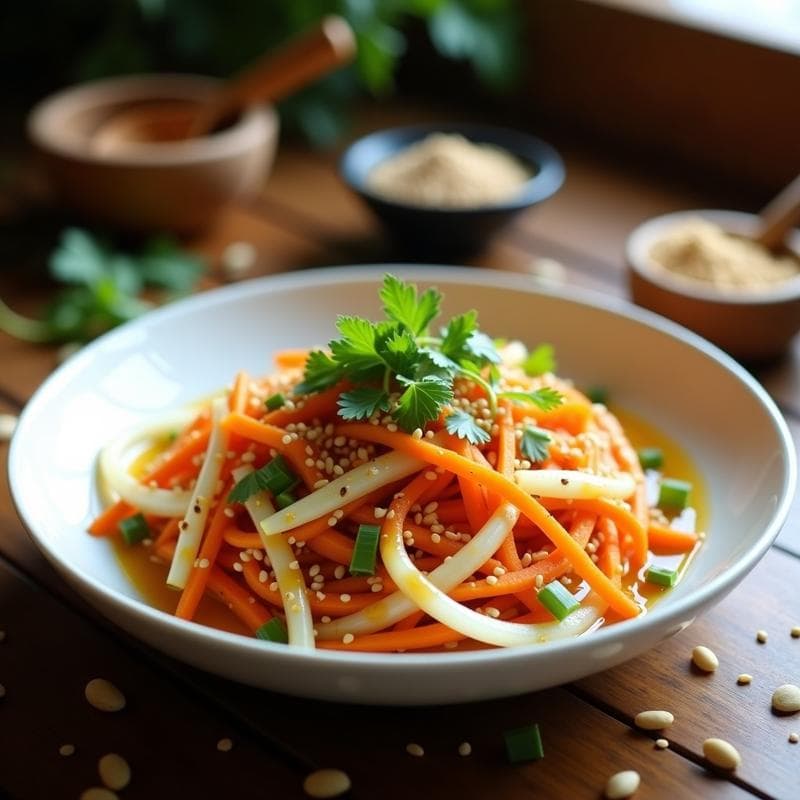 Ensalada Tibetana de Rábanos Daikon y Zanahoria con Vinagreta de Sésamo: Receta Vegana Crujiente