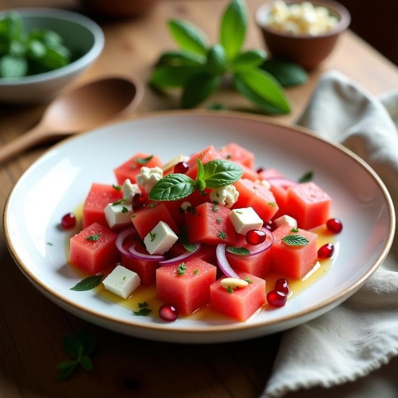 Ensalada de Watermelon y Feta: Receta Griega con Mentas y Aceite de Oliva Virgen en 10 Minutos