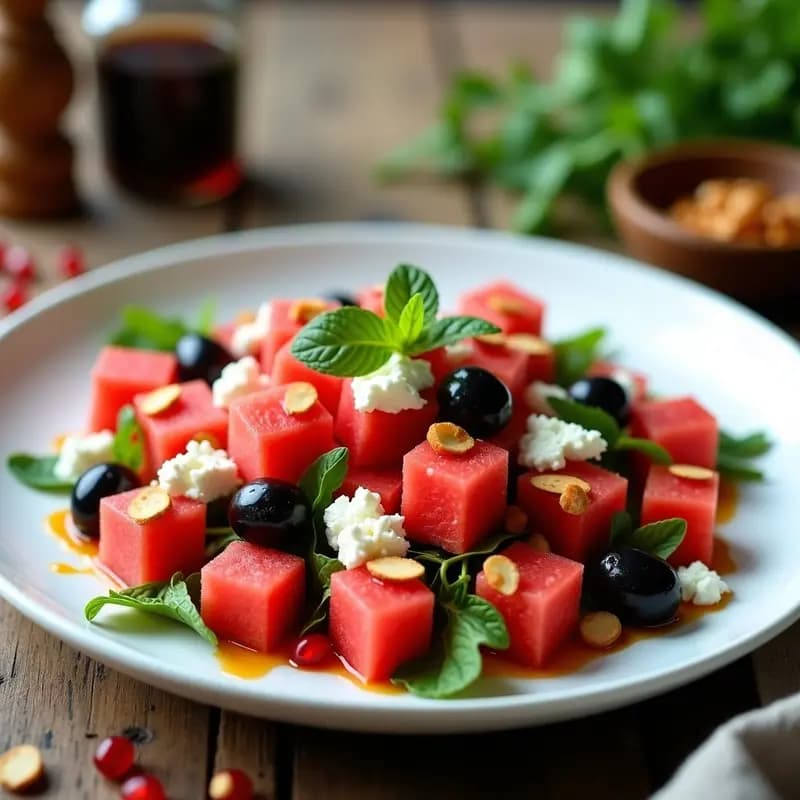 Ensalada de Watermelon y Feta: Receta Griega con Rúcula y Vinagreta de Oliva Kalamata