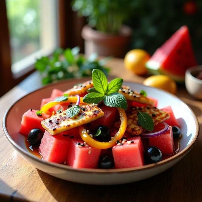 Ensalada de Watermelon, Queso Halloumi y Aceitunas Kalamata: Receta Griega con Toque Salado