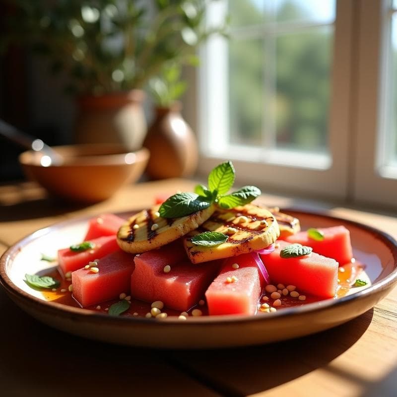 Ensalada de Watermelon y Queso Halloumi a la Parrilla con Vinagreta de Granadina: Receta Chipriota
