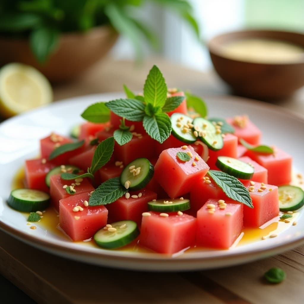 Ensalada de Watermelon, Pepino y Mentas con Vinagreta de Limón y Aceite de Oliva: Receta Refrescante Sin Gluten
