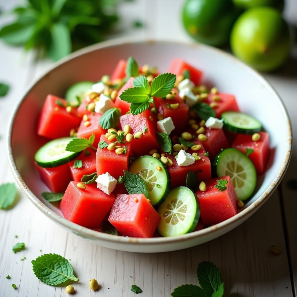 Ensalada de Watermelon, Pepino y Queso Feta con Aliño de Limón Verde: Receta Turca Refrescante
