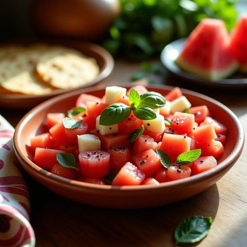 Ensalada de Watermelon, Queso de Burro y Hojitas de Albahaca: Receta Mexicana Fresca con Toque Gourmet