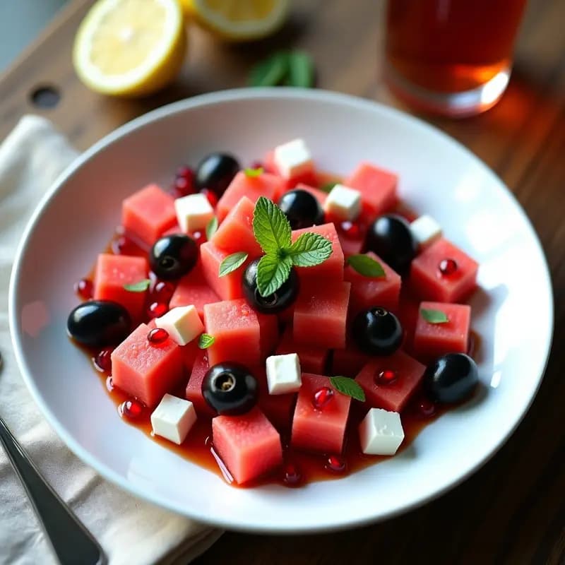 Ensalada de Watermelon, Queso Feta y Aceitunas Negras con Toque de Vinagre de Granada