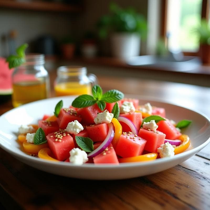 Ensalada de Watermelon y Queso Feta con Vinagreta de Menta: Receta Refrescante y Sin Cocción