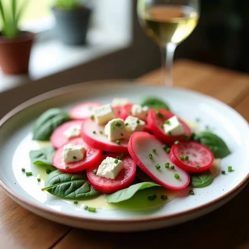 Ensalada de Watermelón Radish y Queso de Almendras con Aderezo de Vino Blanco: Receta Vegana Gourmet