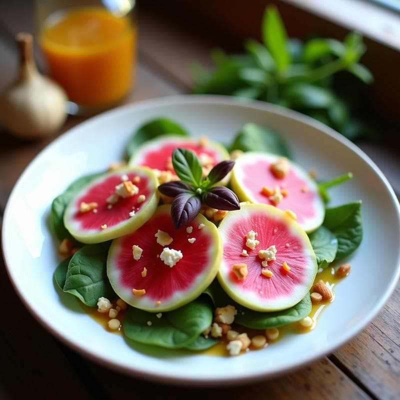 Ensalada de Watermelon Radish y Queso de Almendras con Vinagreta de Miel de Agave