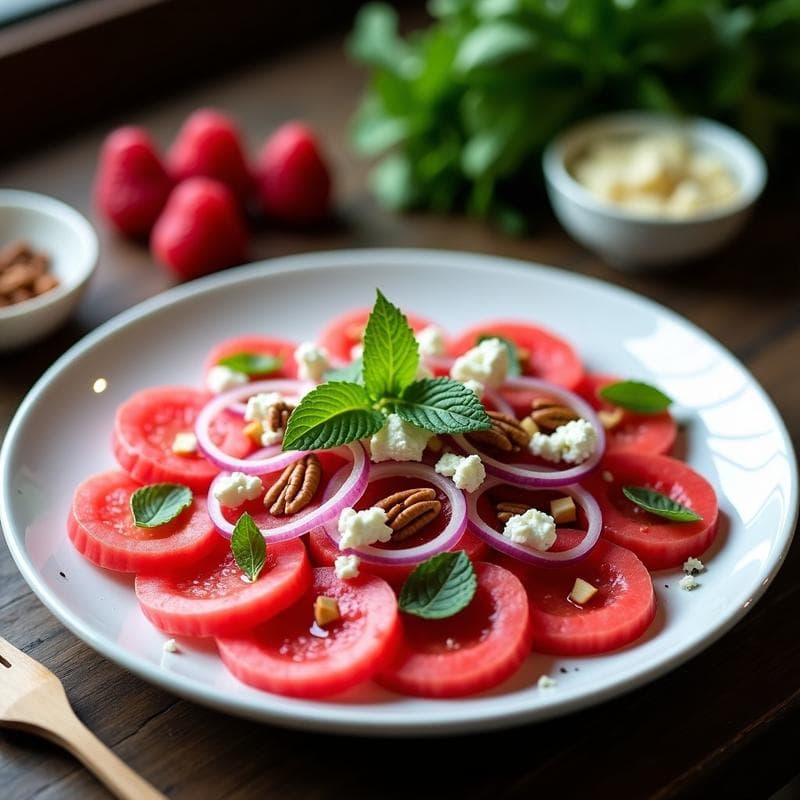 Ensalada de Watermelon Radish y Queso Azul: Receta con Aliño de Vinagre de Frambuesa