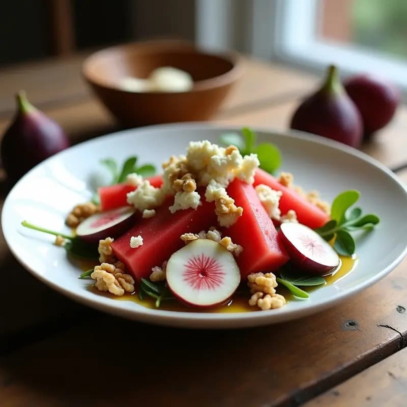 Ensalada de Watermelon Radish y Queso de Cabaña con Vinagreta de Higuera: Receta Gourmet Sin Gluten