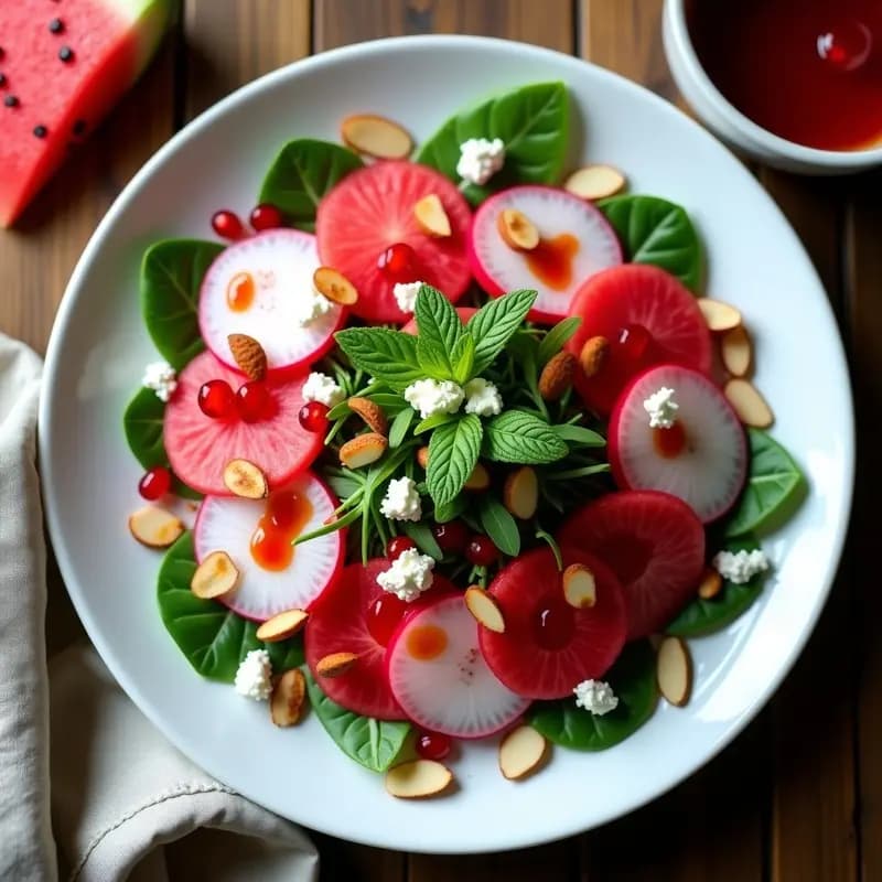 Ensalada de Watermelon Radish y Queso de Cabra con Vinagreta de Granadina: Plato Visual Colorido y Fotogénico