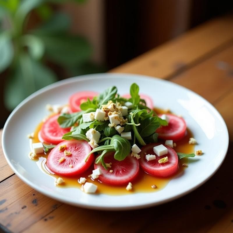 Ensalada de Watermelon Radish y Queso Feta con Aderezo de Miel y Vinagre Balsámico: Receta Crudivegana