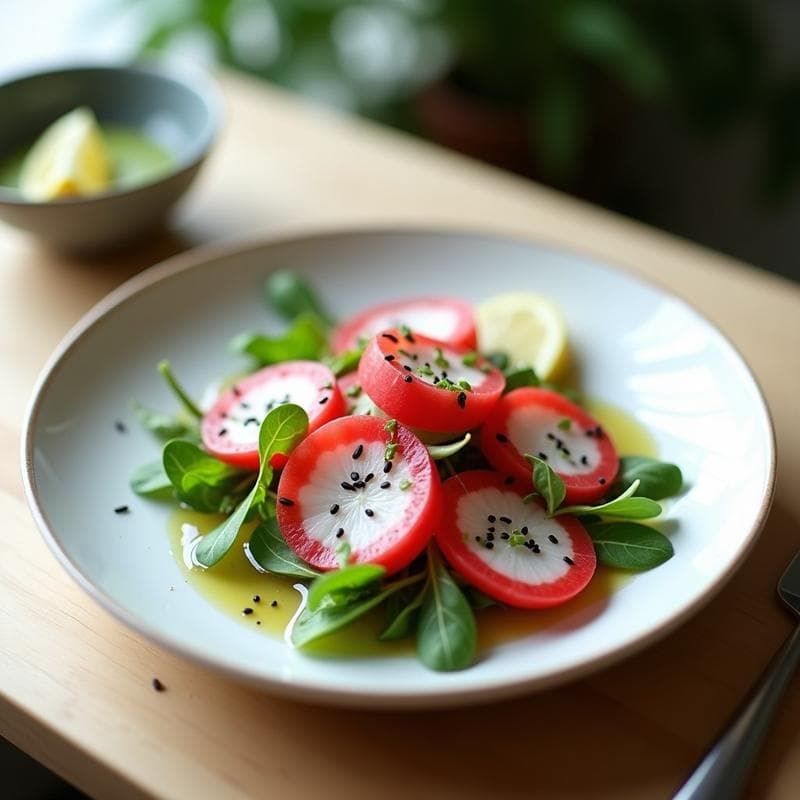 Ensalada de Watermelon Radish y Rúcula con Vinagreta de Wasabi: Receta Japonesa Crudivegana