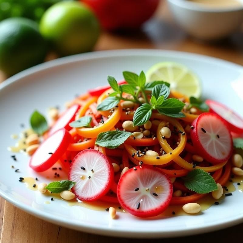 Ensalada de Watermelon Radish con Vinagreta de Tamarindo y Cacahuete: Receta Tailandesa Crudivegana