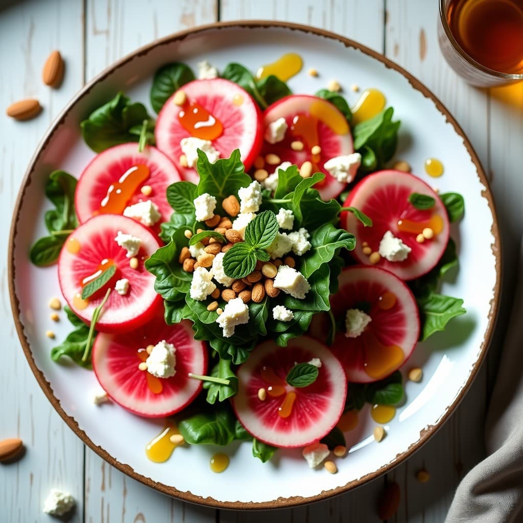 Ensalada de Watermeloon Radish y Queso Feta con Aliño de Miel de Trufa: Receta Innovadora en 15 Minutos