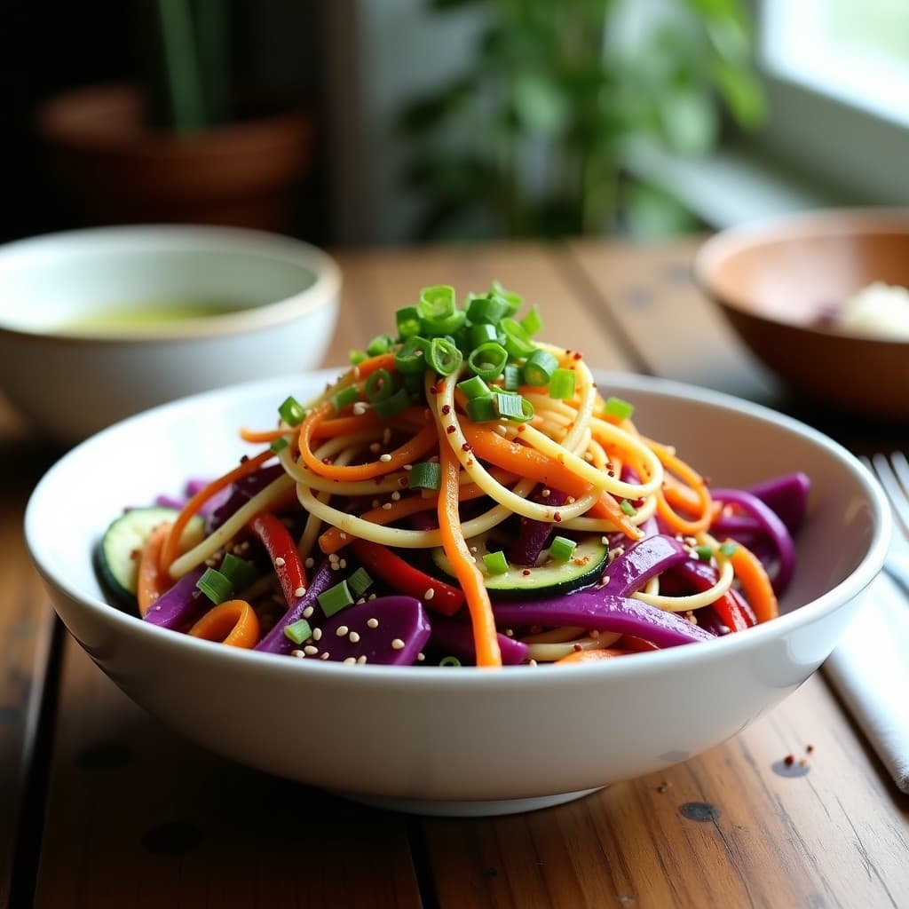 Ensalada Wok de Repollo Morado y Fideos de Calabacín con Aderezo de Misozu: Receta Coreana Baja en Calorías
