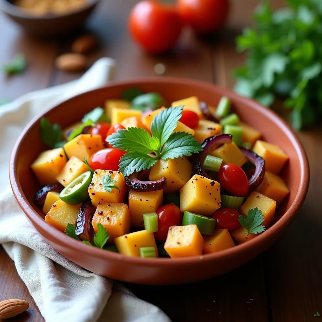 Ensalada de Yuca Asada y Pimiento de Padrón con Vinagreta de Miel de Palma: Receta Canaria Vegana
