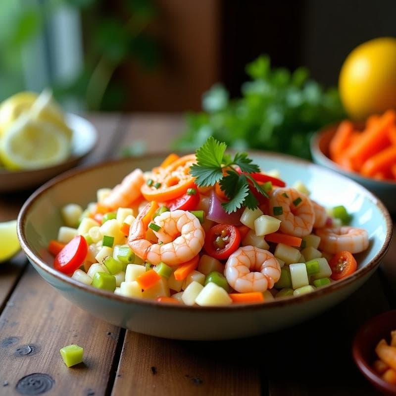 Ensalada de Yuca y Camarón con Encurtidos: Receta Tropical en 20 Minutos con Toque Ácido