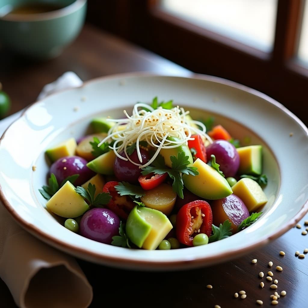 Ensaldadilla de Patata Morada, Alcachofa y Vinagreta de Algas: Receta Española Vegana y Sin Mayonesa