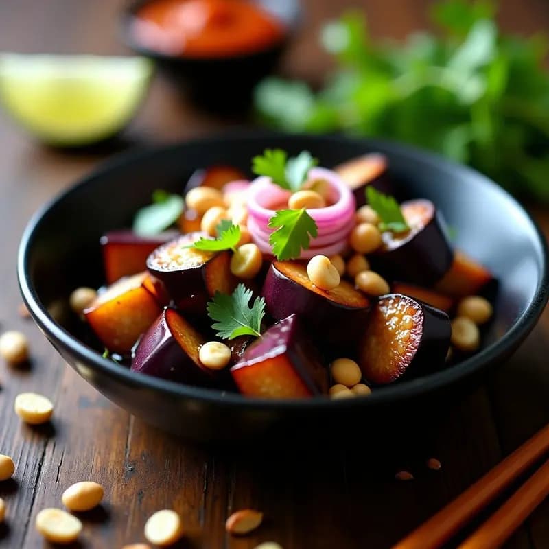 Ensaldang de Berenjena y Cacahuetes con Salsa de Tamarindo: Entrante Tailandés Picante