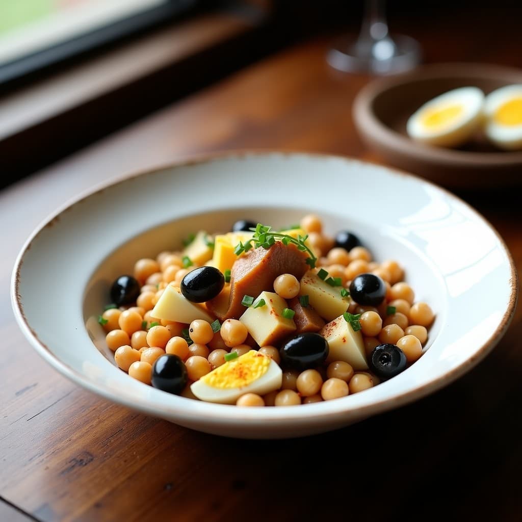 Ensaldilla de Garbanzos, Alcachofas y Ventresca con Alioli de Ajo Negro: Entrante Español Gourmet