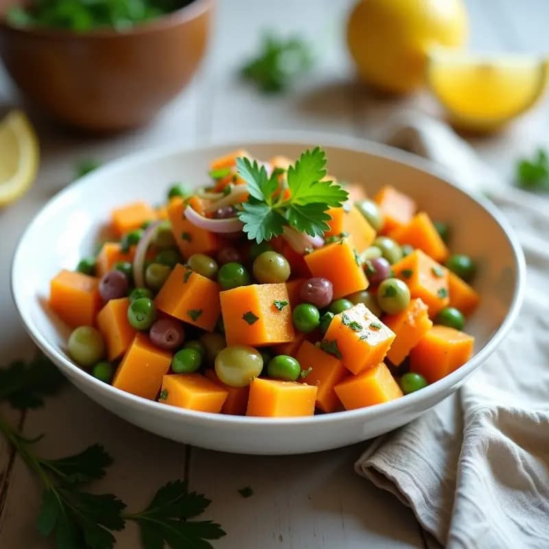 Ensaldilla Rusa de Batata y Guisantes: Receta Vegana Sin Mayonesa con Aliño de Limón