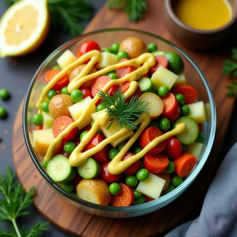 Ensaldilla Rusa con Mayonesa de Aguacate y Vinagreta de Mostaza: Receta Vegana y Sin Lactosa