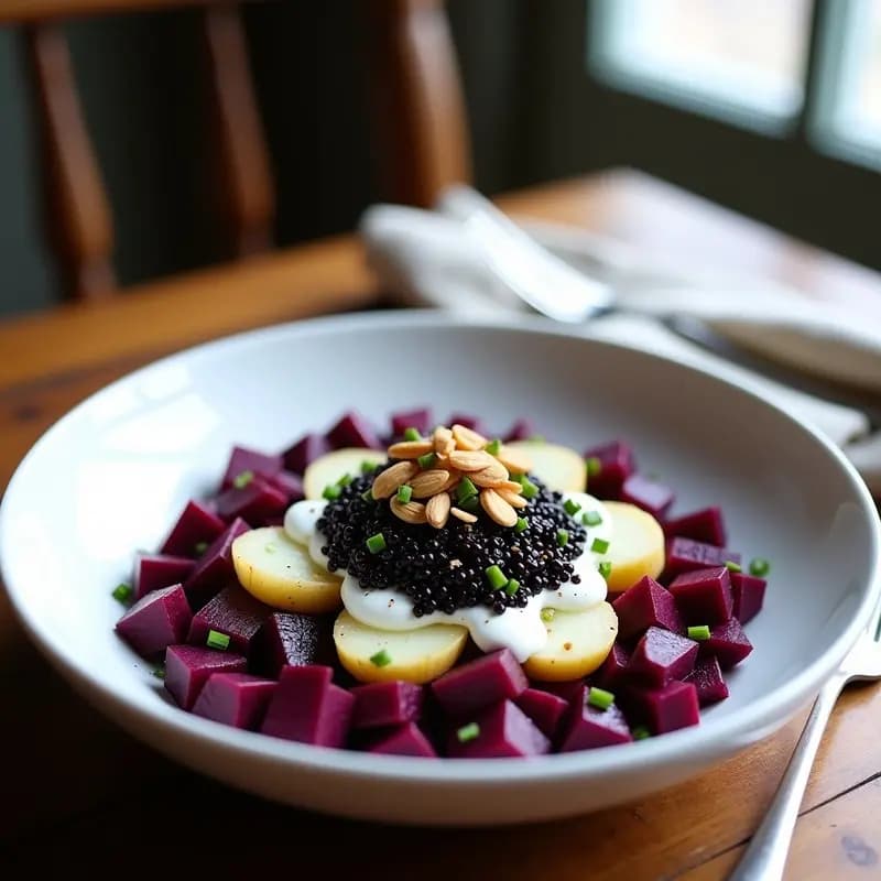 Ensaldilla Rusa con Remolacha y Caviar de Berenjena: Receta Fría y Colorida