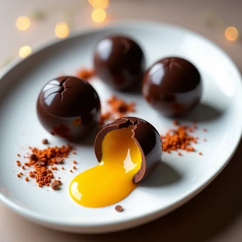 Sfera de Chocolate con Sorpresa de Mango y Chile: Postre Molecular Sin Horno y Sin Azúcar