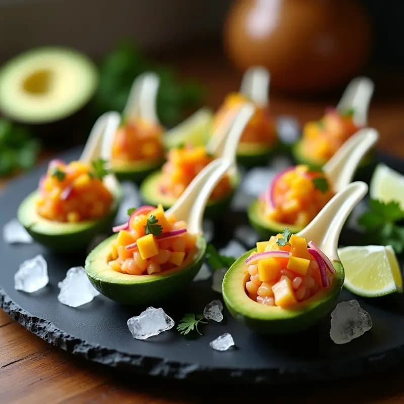 Esferas de Aguacate Rellenas de Ceviche de Mango y Langostino: Aperitivo Peruano en Cuchara