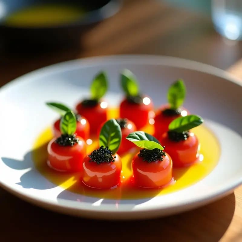 Esferas de Gazpacho Andaluz con Caviar de Aceitunas: Aperitivo Español en Textura Explosiva