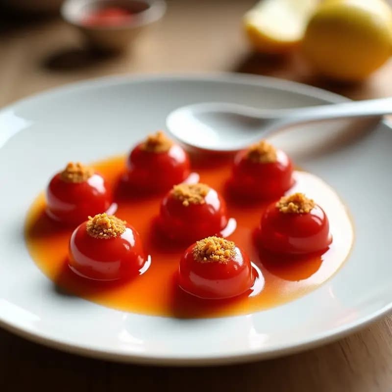 Esferas de Gazpacho Andaluz con Perlas de Vinagre: Aperitivo Español Innovador Sin Cocción