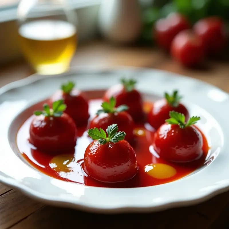 Esferas de Gazpacho Andaluz con Vinagreta de Aceite de Oliva: Aperitivo Español Vegano y Sin Cocinar