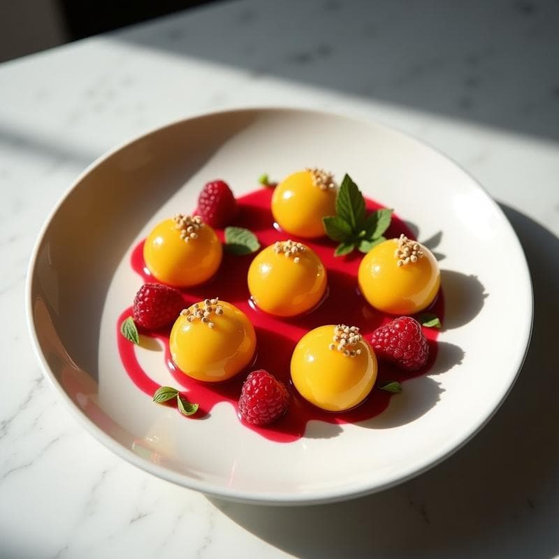 Esferas de Mango y Chía con Coulis de Frambuesa: Postre Saludable Sin Cocinar