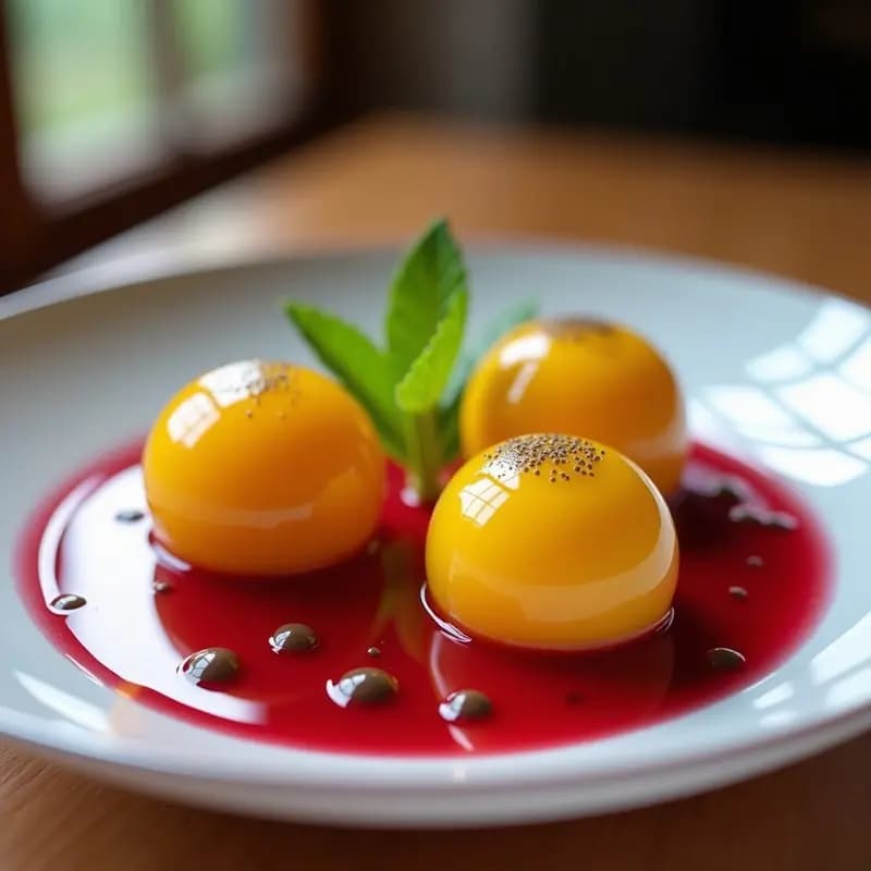 Esferas de Mango y Chía con Coulis de Frutos Rojos: Postre Molecular Sin Cocción