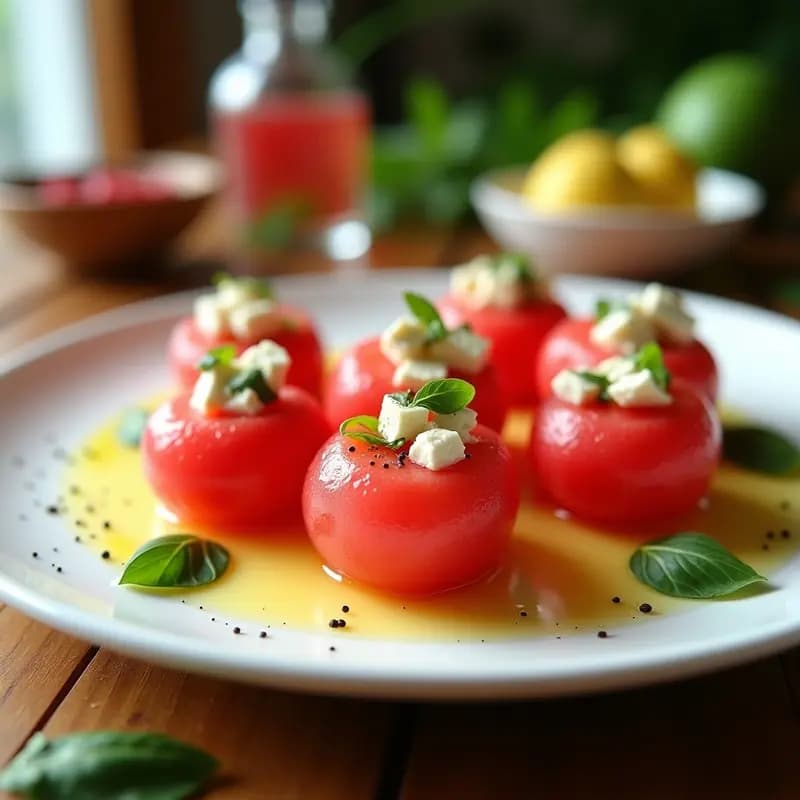 Esferas de Watermelon y Queso Feta con Burbujas de Albahaca: Bocado Estival Sin Cocción en 15 Minutos