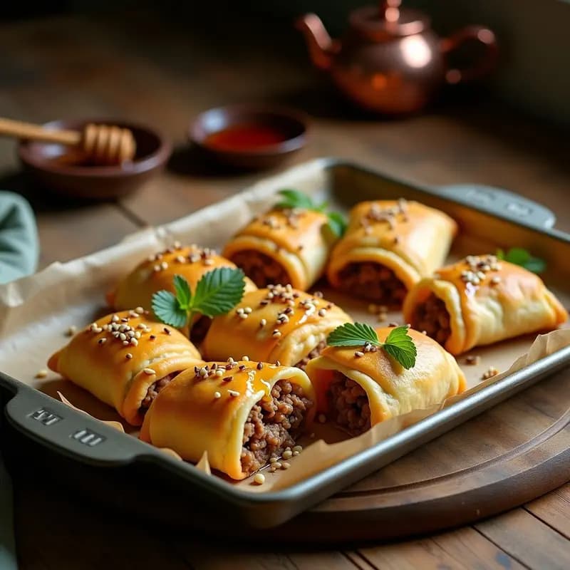 Esfihas de Carne Picada y Znoud el Sit: Empanadas Árabes con Queso Estirado y Miel