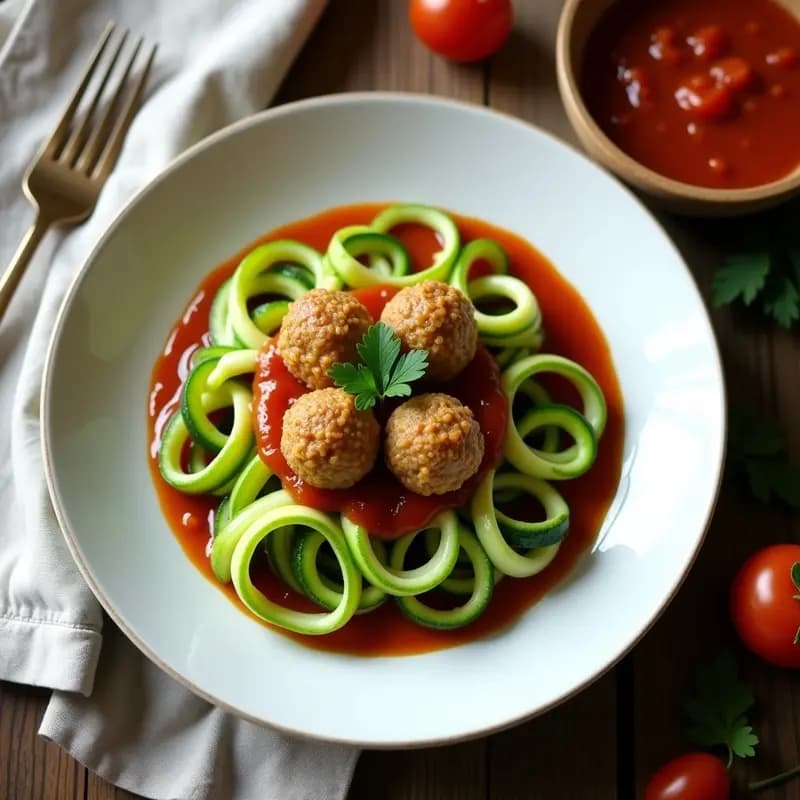Espaguetis de Calabacín con Bolitas de Albóndiga de Lentejas y Salsa de Tomate Casera