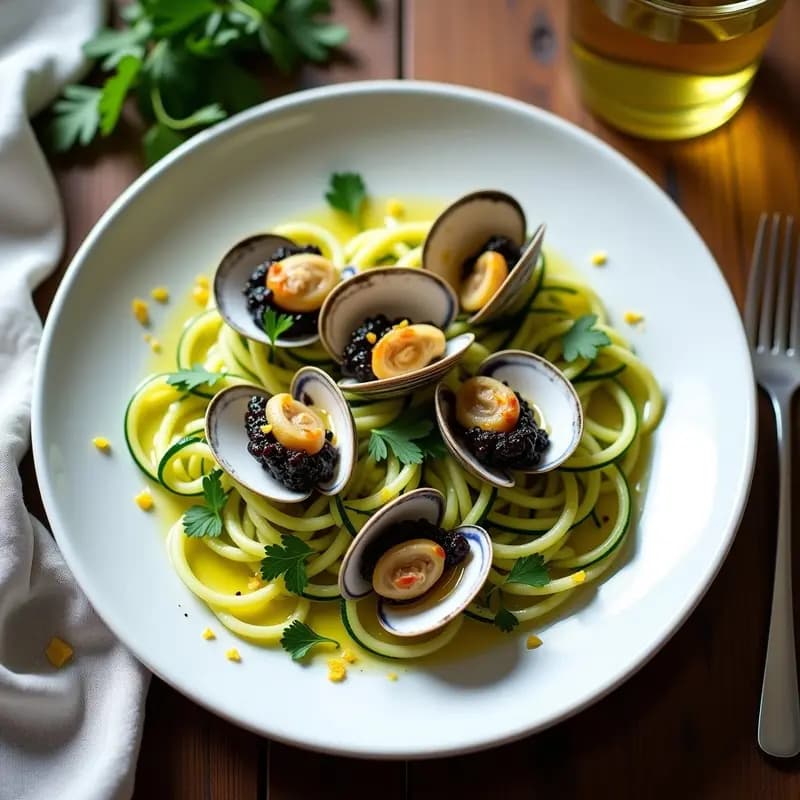 Espaguetis de Calabacín con Almejas y Ajo Negro: Receta Italiana Low-Carb en Sartén