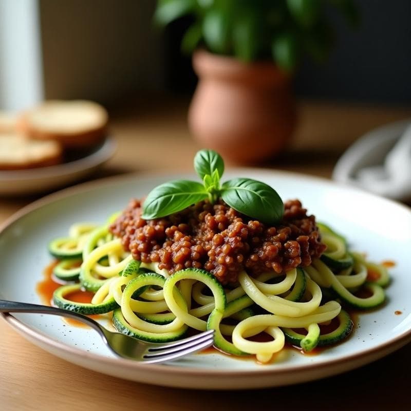 Espaguetis de Calabacín con Bolonhesa de Lentejas y Champiñones: Receta Vegana en Airfryer