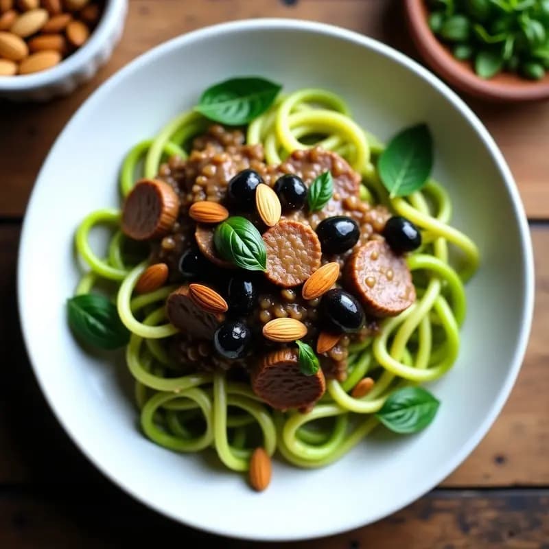 Espaguetis de Calabacín con Bolonesa de Champiñones Portobello y Aceitunas Negras: Receta Vegana