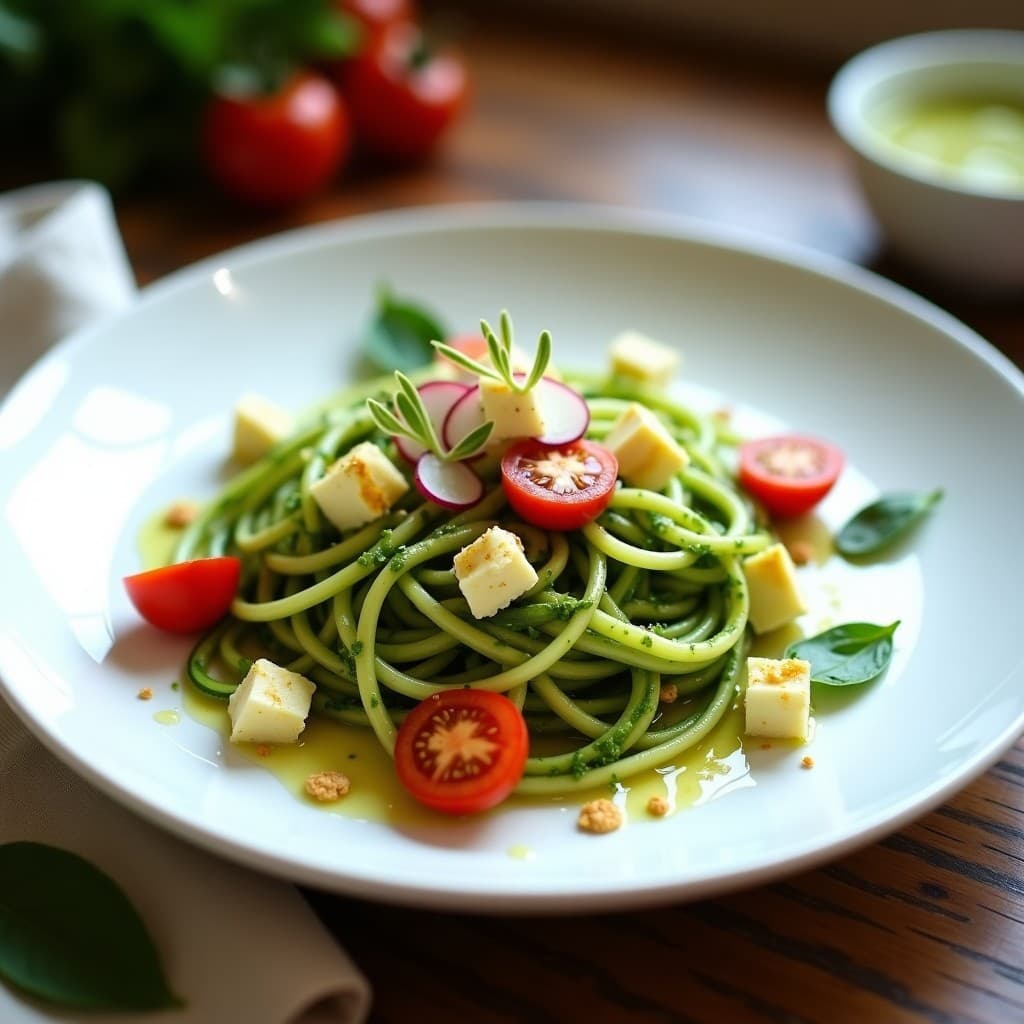Espaguetis de Calabacín con Pesto de Albahaca y Queso de Cáscara de Piña: Receta Crudivegana Sin Lácteos