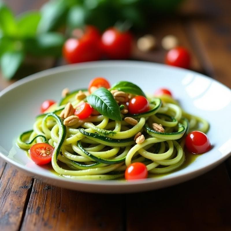 Espaguetis de Calabacín con Pesto de Albahaca y Anacardos: Receta Italiana Vegana Sin Lácteos