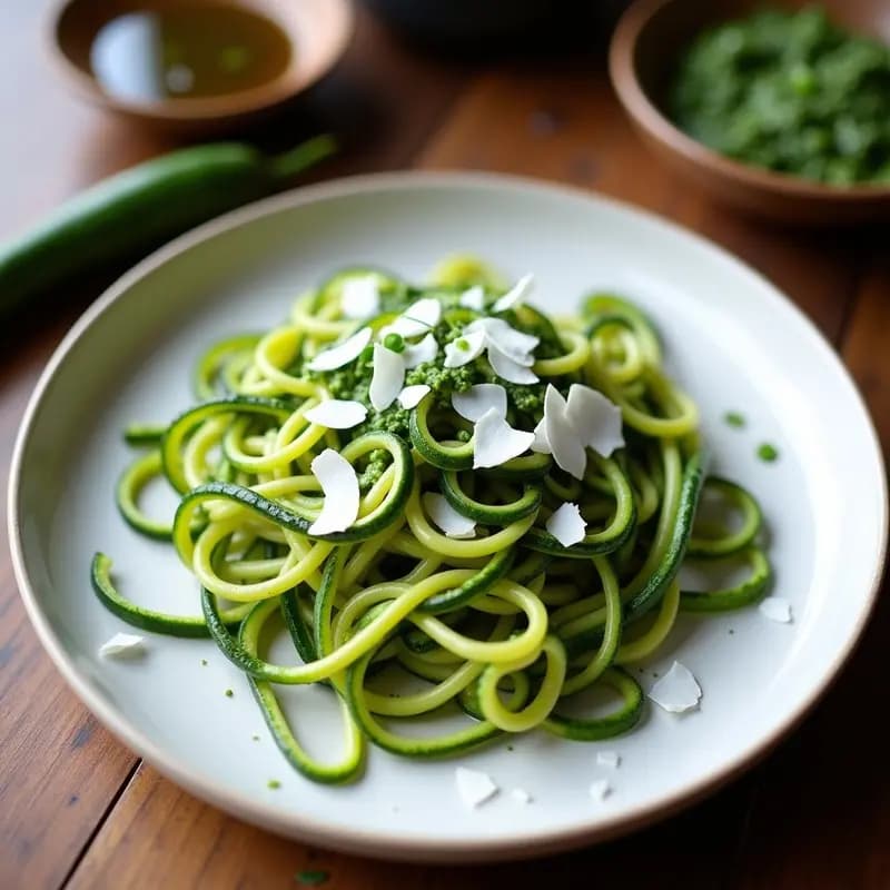 Espaguetis de Calabacín con Pesto de Espirulina y Virutas de Coco: Receta Crudivegana Alta en Hierro