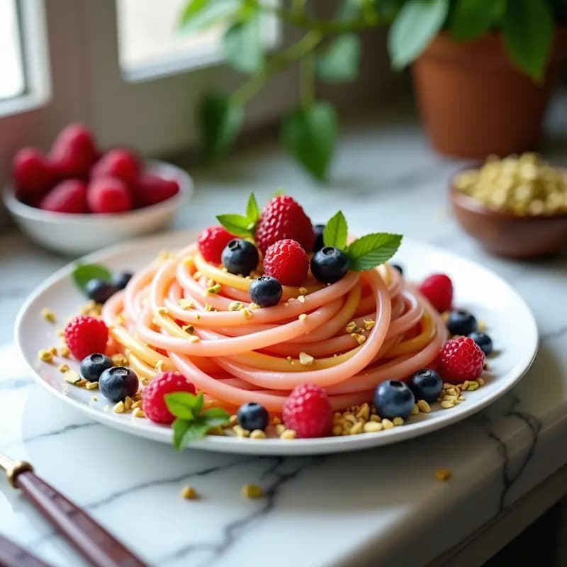 Espaguetis de Gelatina de Frutas con Salsa de Yogur Griego y Menta: Postre Italiano Sin Cocina