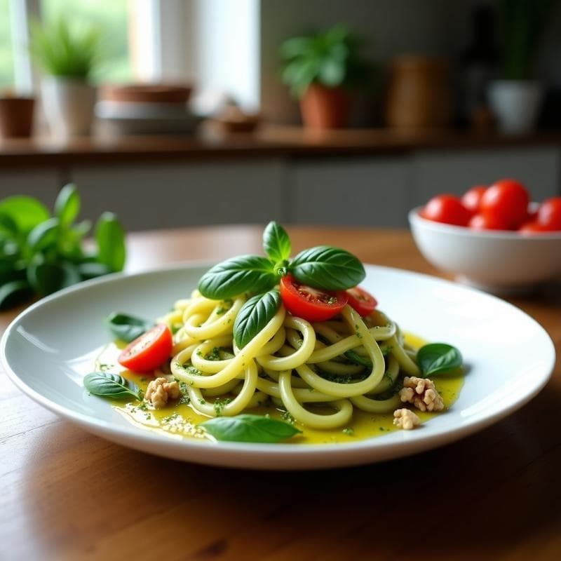 Espaguetis de Konjac con Pesto de Albahaca y Nueces: Receta Italiana Keto en 10 Minutos