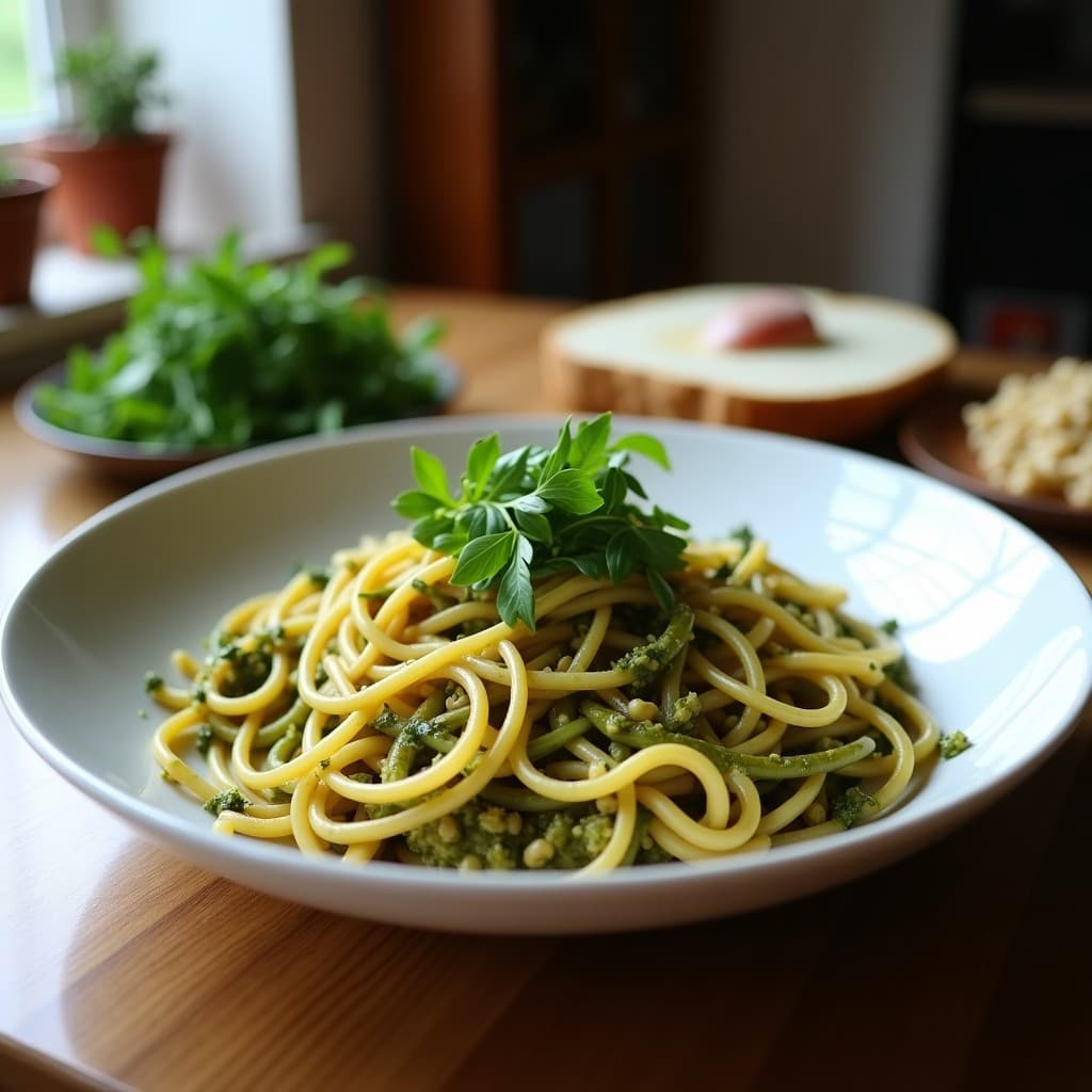 Espaguetis de Lentejas con Pesto de Rúcula y Nueces: Receta Italiana Alta en Proteína en Olla Express
