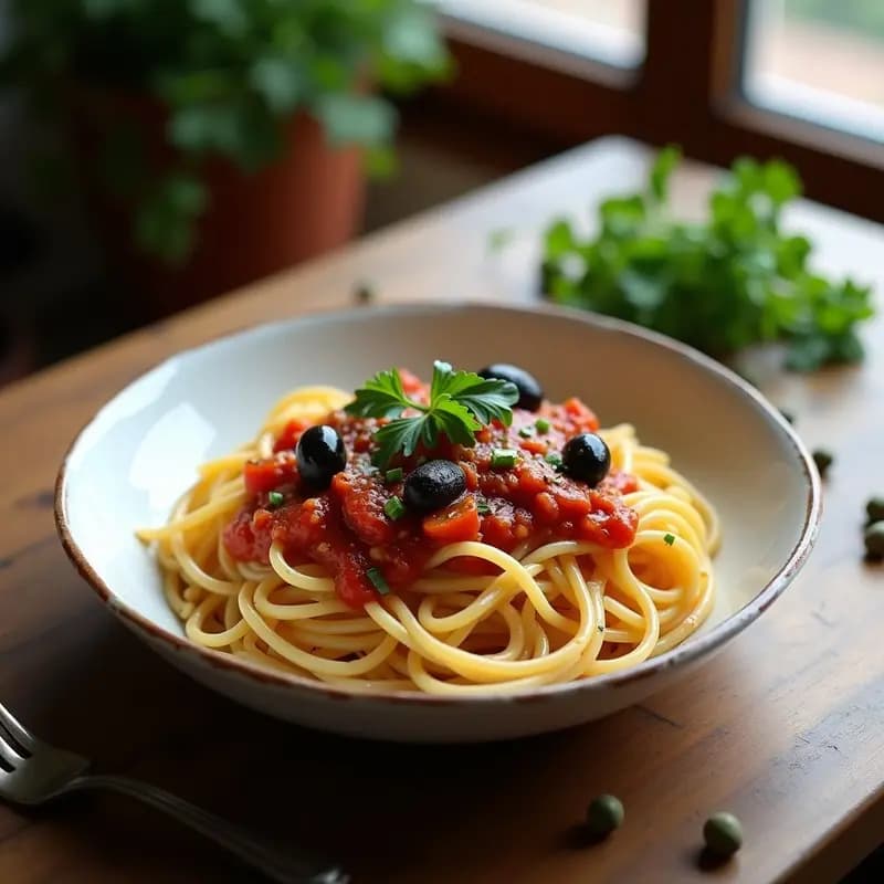 Espaguetis a la Puttanesca con Anchoas y Alcaparras: Receta Italiana Tradicional Sin Lácteos