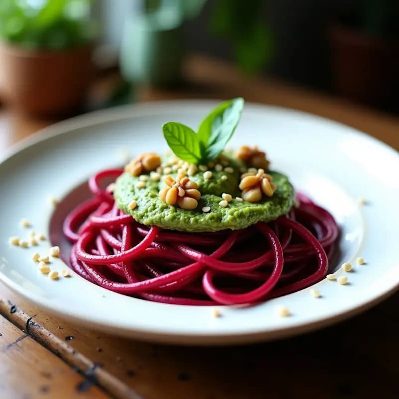 Espaguetis de Remolacha con Pesto de Albahaca y Nueces: Plato Vegano y Colorido