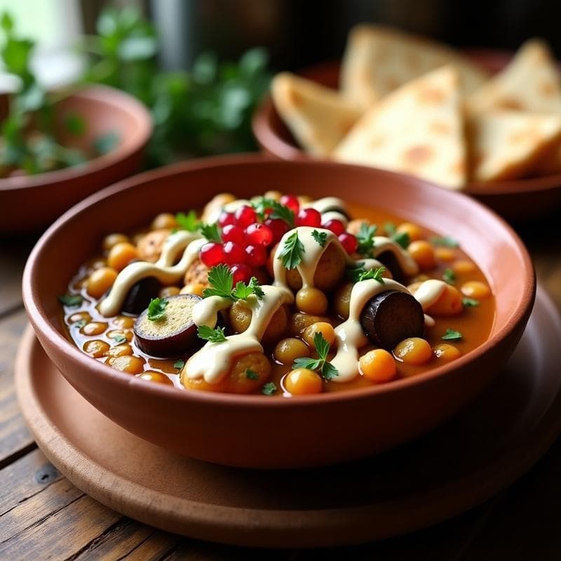 Estofado de Berenjena y Garbanzos con Salsa de Tahini: Receta Vegana en Olla Express con Toque Libanés